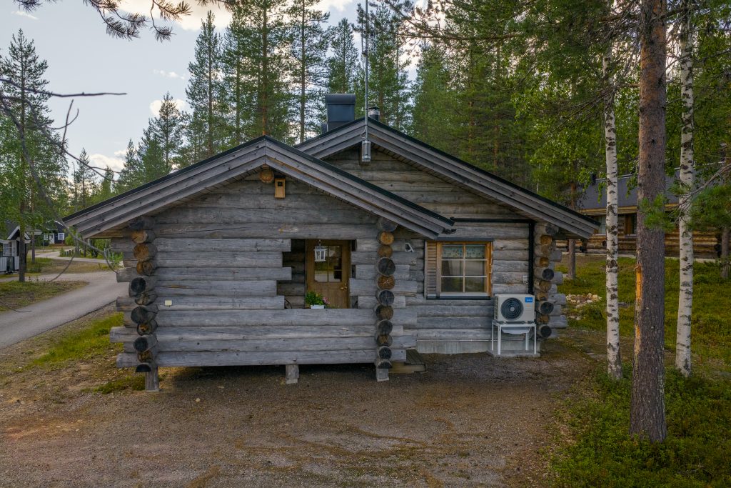 Puinen harmaa kelomökki luonnon keskellä