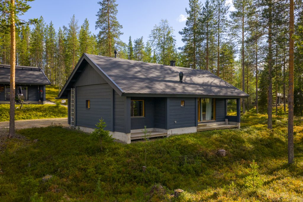 Metsäinen ympäristö, moderni mökki.