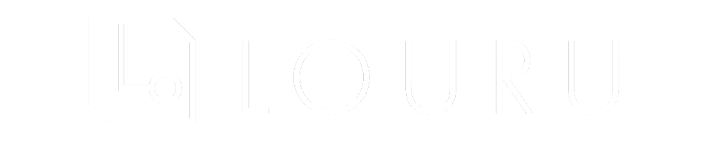 Louru-logo, jossa simkortin muotoinen kuvio, sisäpuolella L- ja o-kirjain. Oikealla lukee Louru-teksti.
