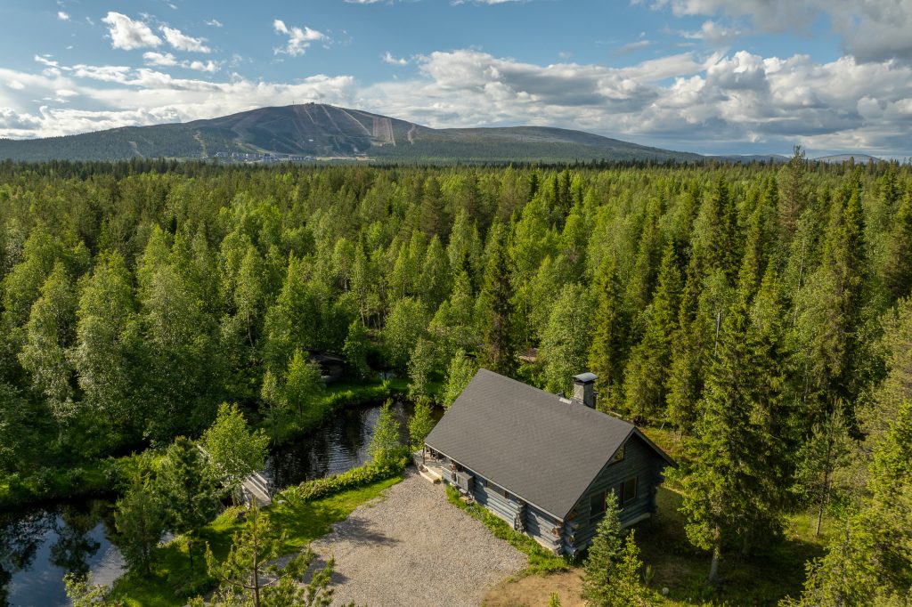 Mökki metsän keskellä, tunturi taustalla