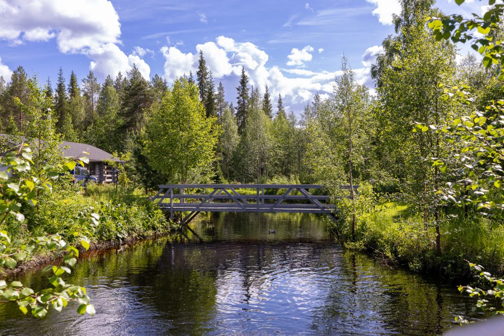 Silta metsän keskellä, rauhallinen joki sillan alla.